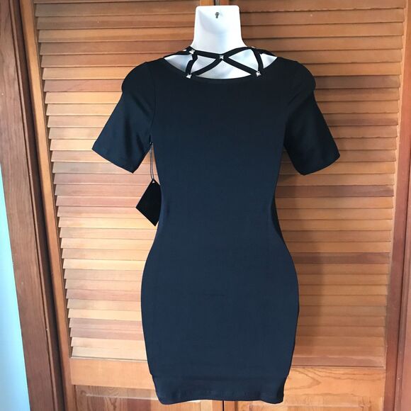 Vintage Lip Service Goth Punk Wicca Bodycon Studded Lattice Neck Mini Dress L - Picture 4 of 12